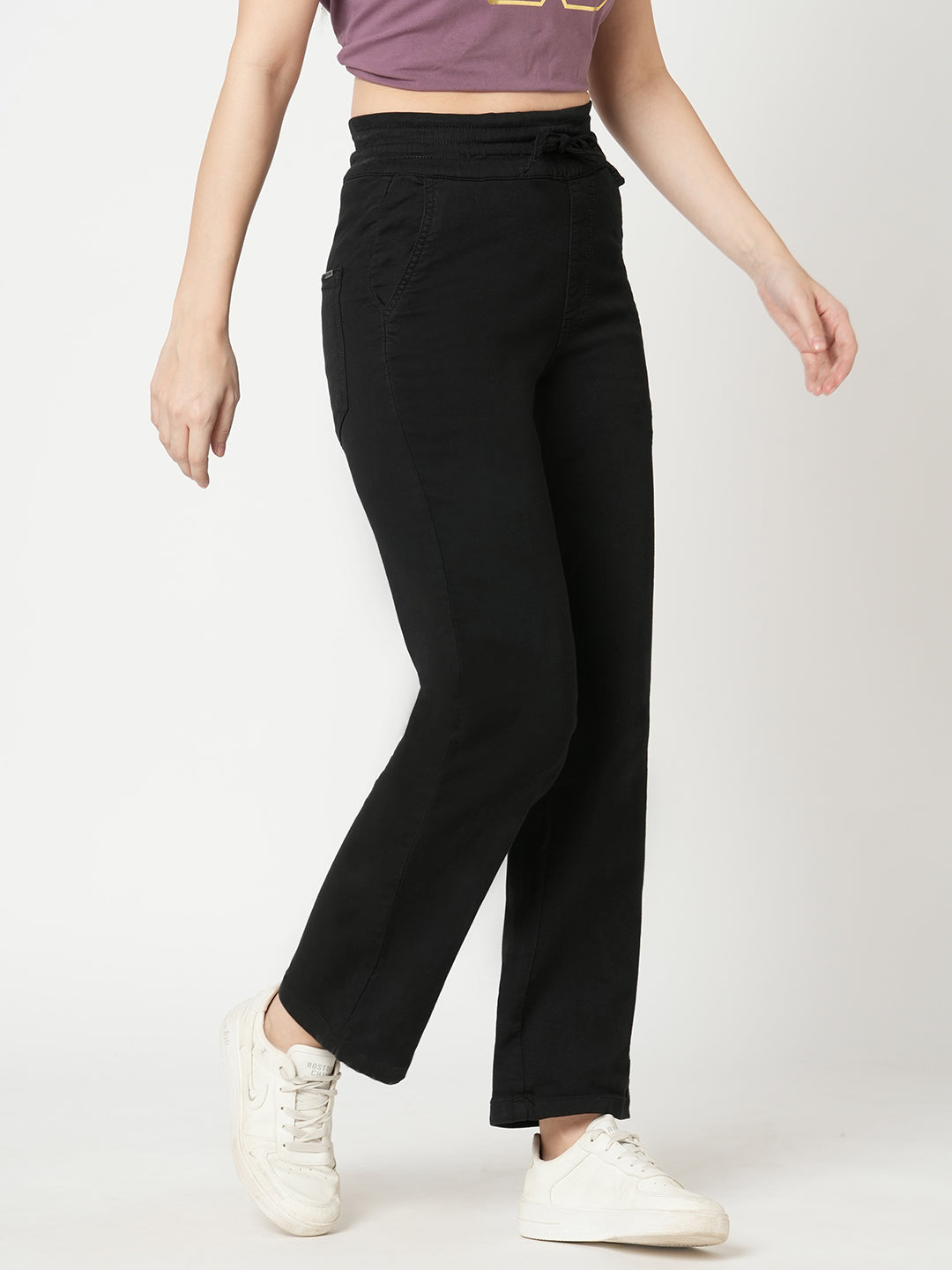 Women Black High-Rise Denim Joggers