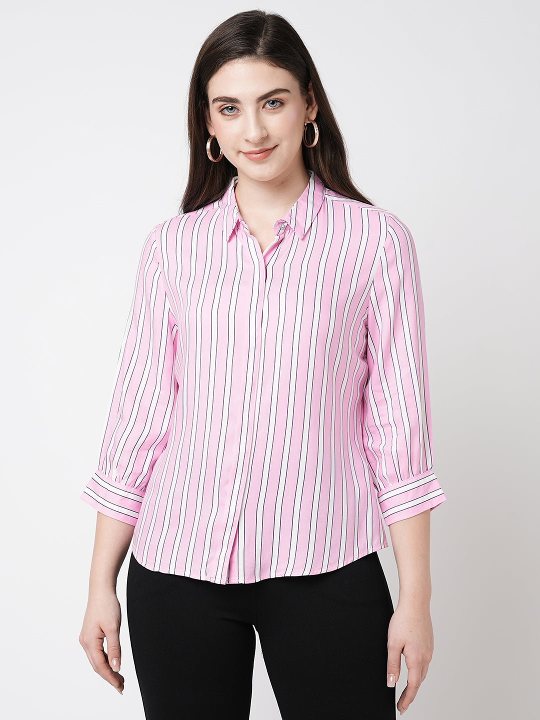 Women Lavender & White Striped Slim Shirt