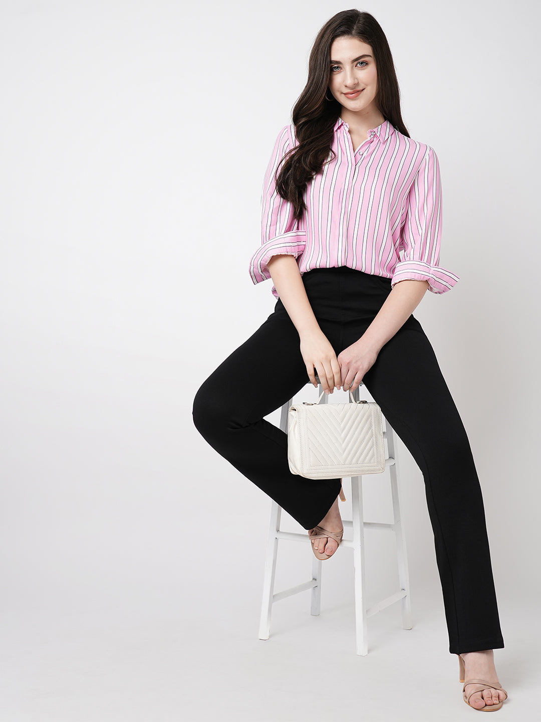 Women Lavender & White Striped Slim Shirt