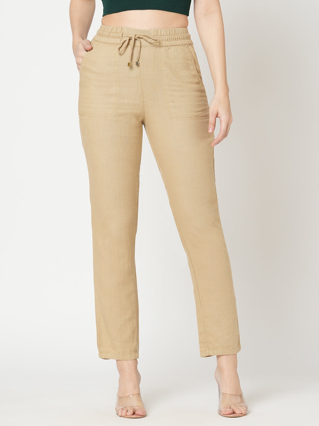 Women Light Brown High-Rise Paper Bag Pant