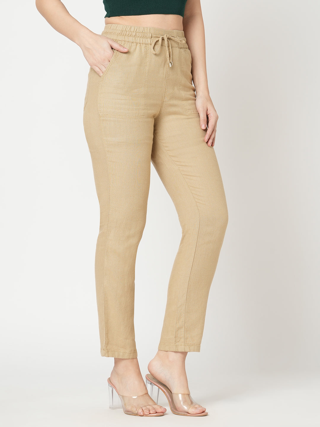 Women Light Brown High-Rise Paper Bag Pant