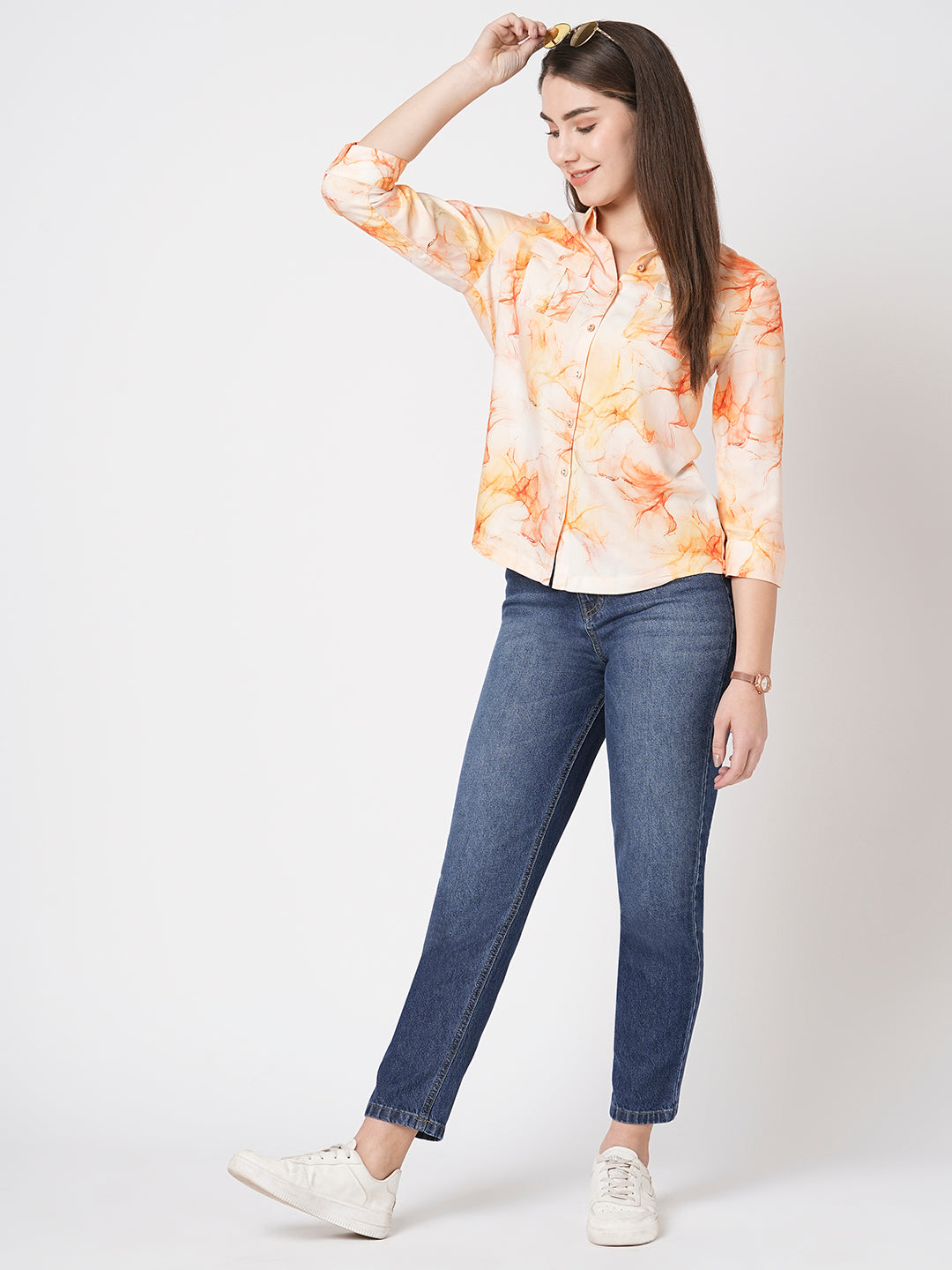 Women Marble Print Slim Shirt