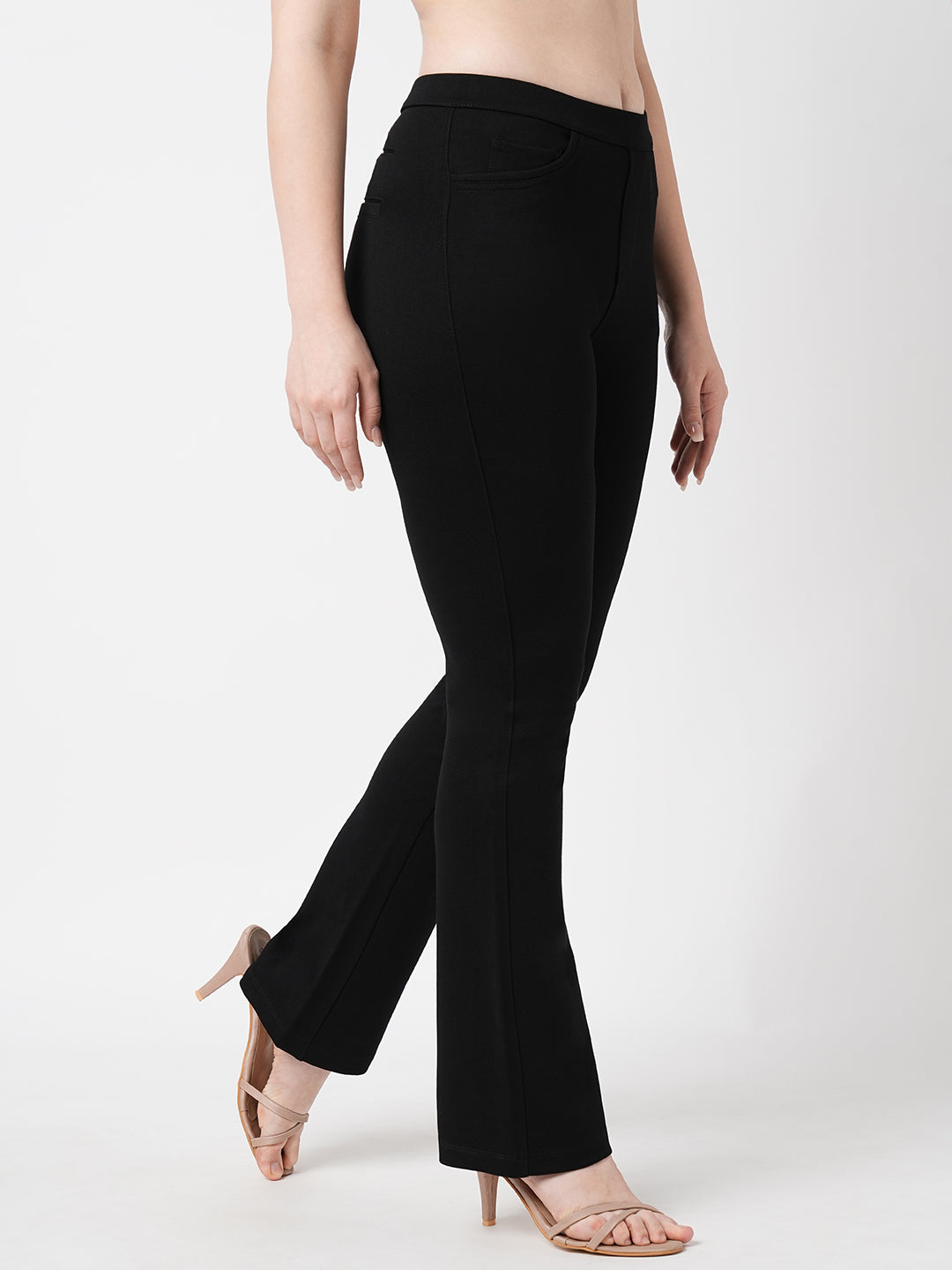 Women Black High-Rise Mini Flare Treggings