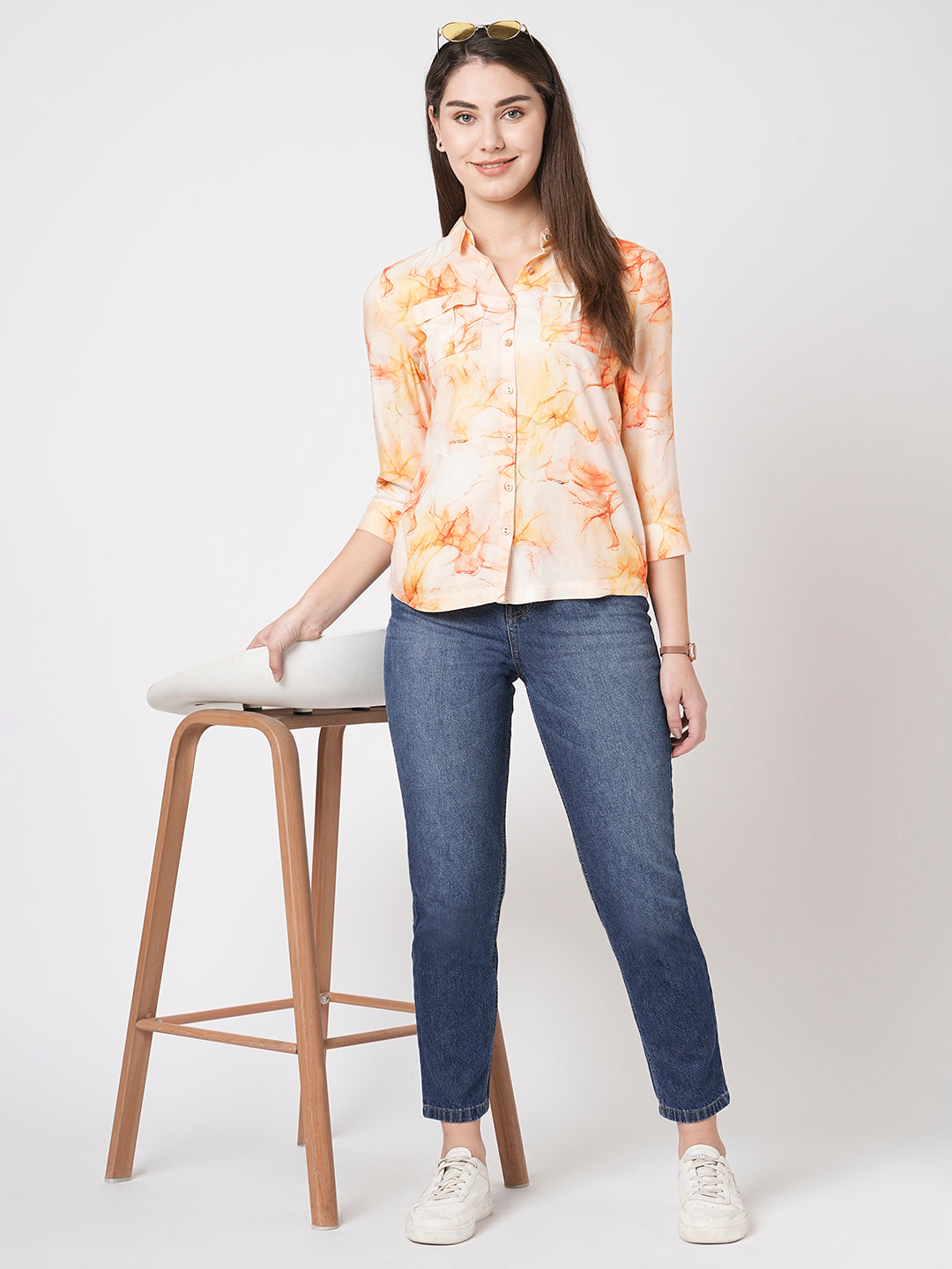 Women Marble Print Slim Shirt