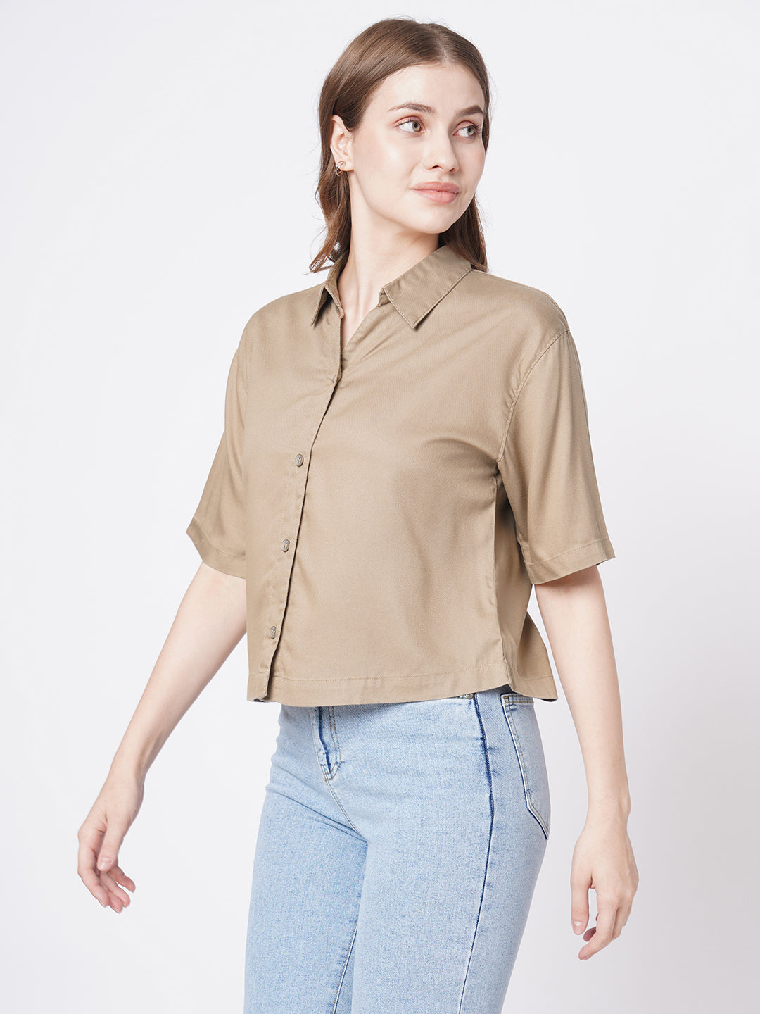Women Slim Fit Dusty Rose Crop Shirt