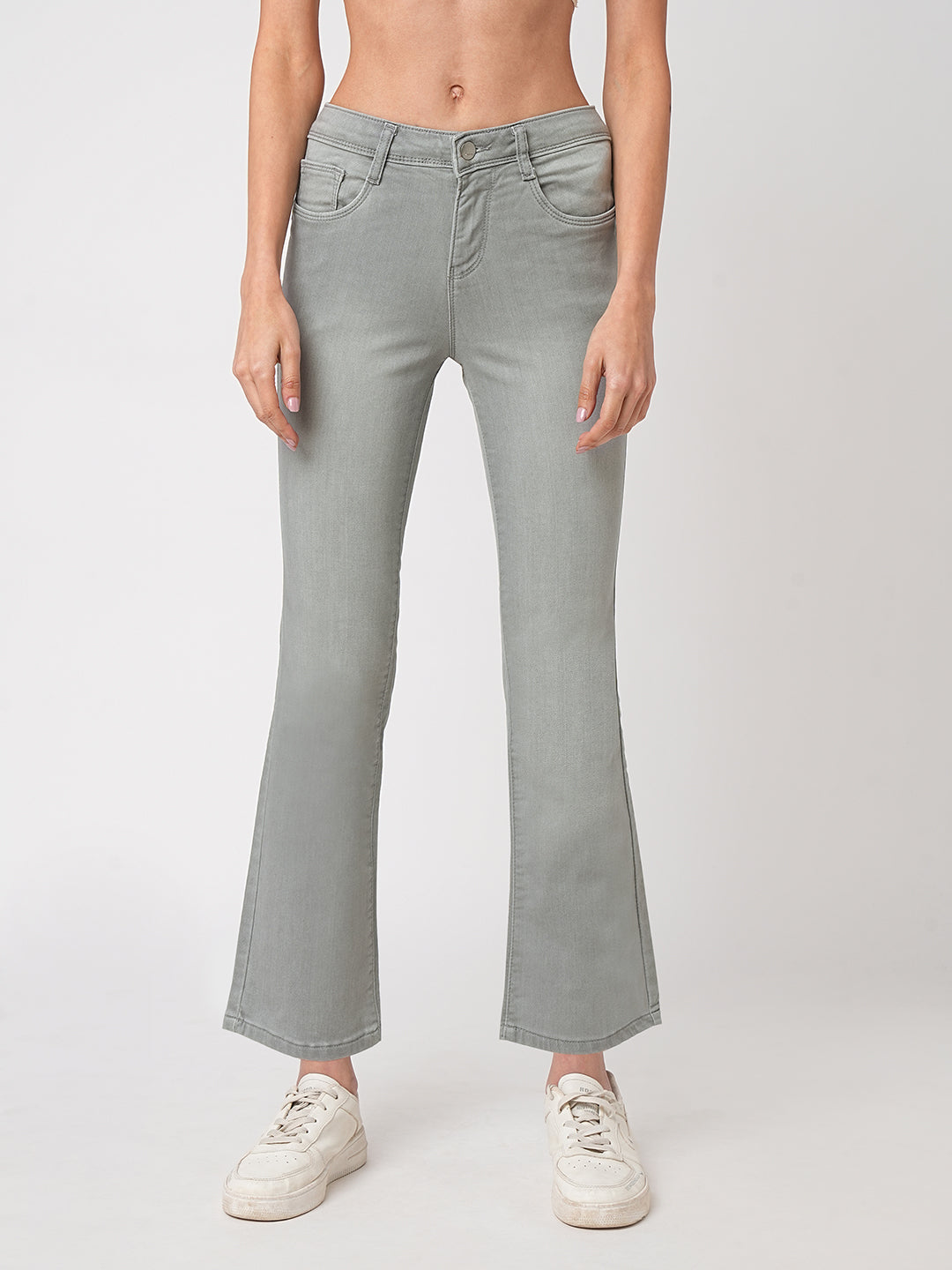 Women Grey High-Rise Crop Flare Jeans