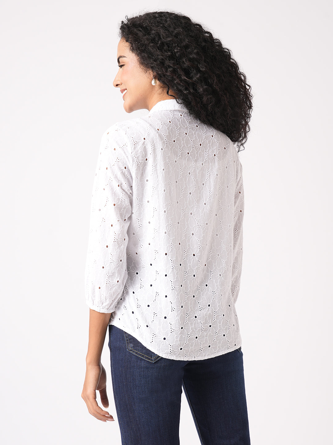 Women Slim Fit Bleach White Schiffli Shirt