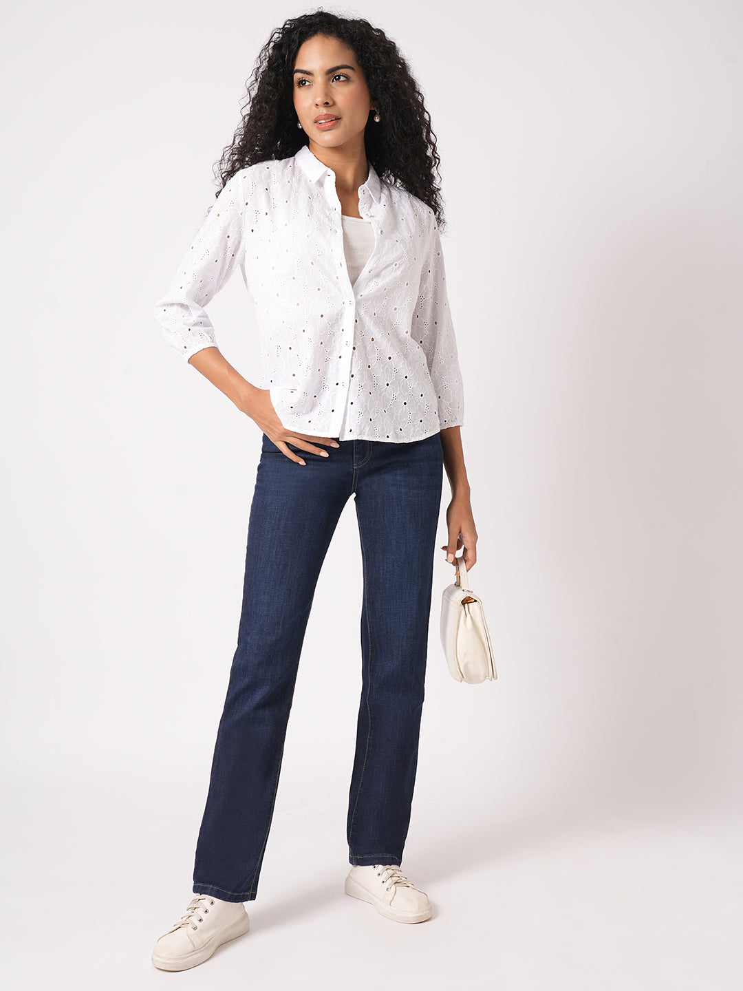 Women Slim Fit Bleach White Schiffli Shirt