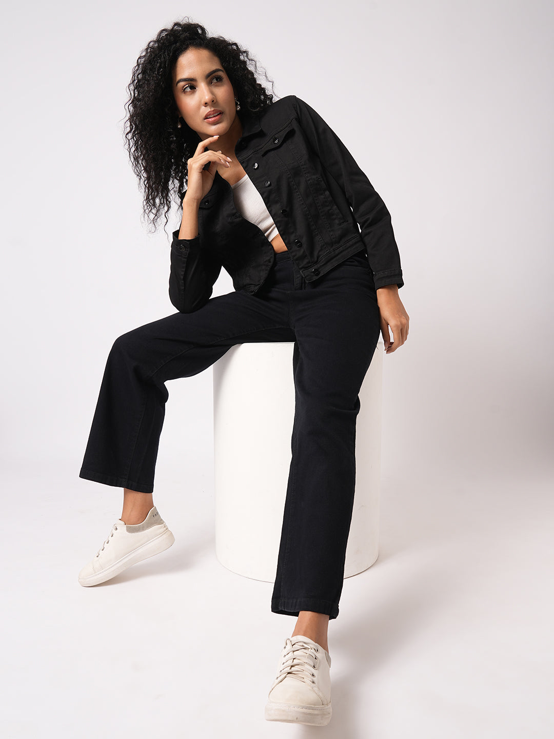Women Jet Black High-Rise Wide Leg Jeans