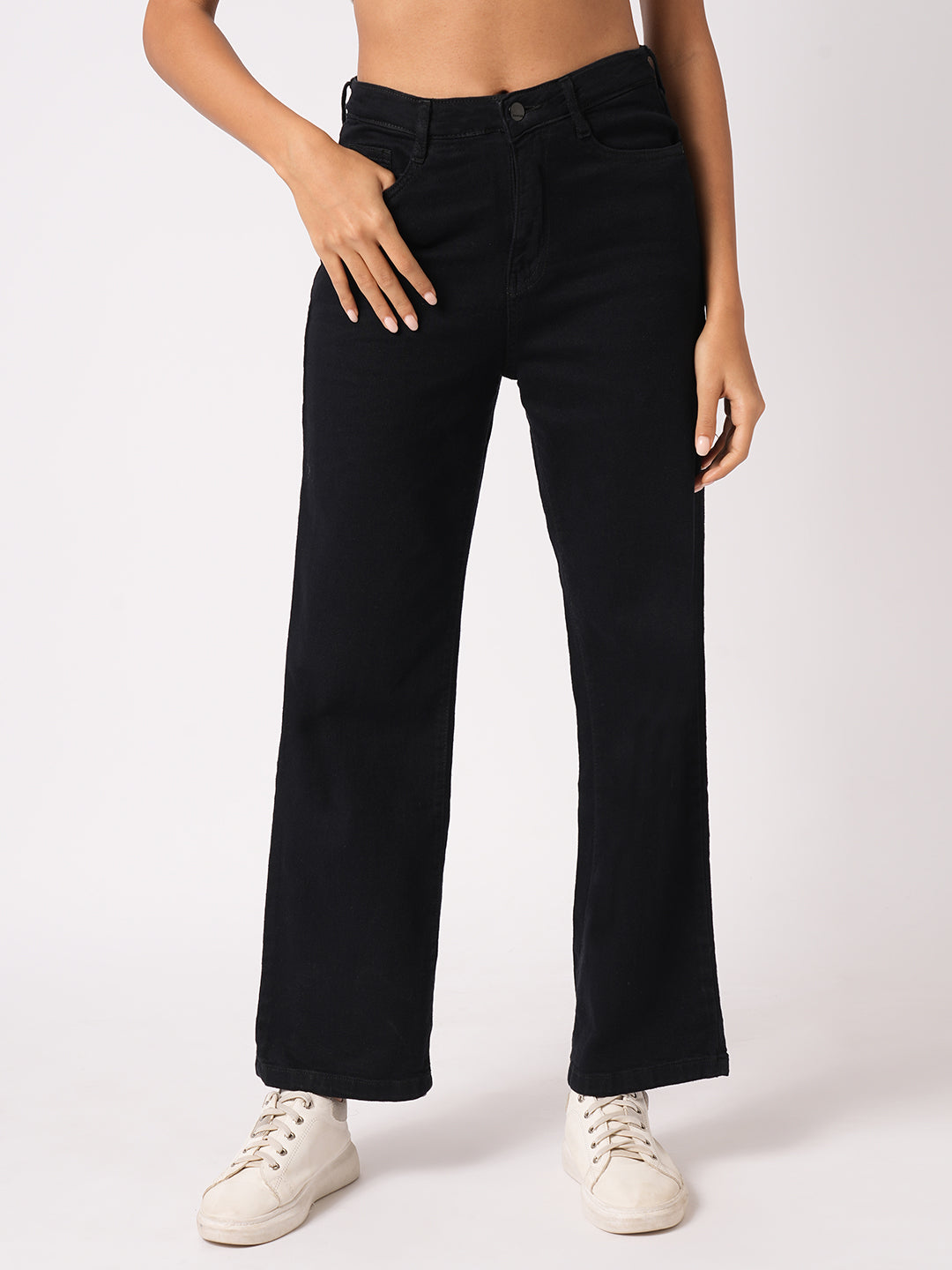 Women Jet Black High-Rise Wide Leg Jeans