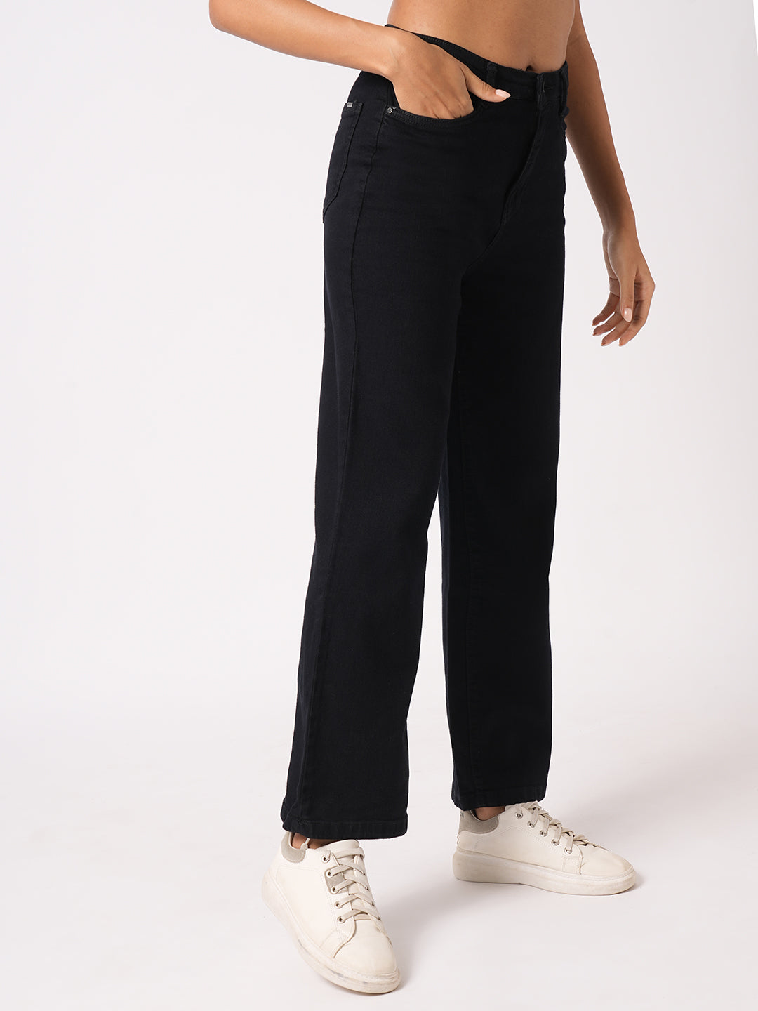 Women Jet Black High-Rise Wide Leg Jeans