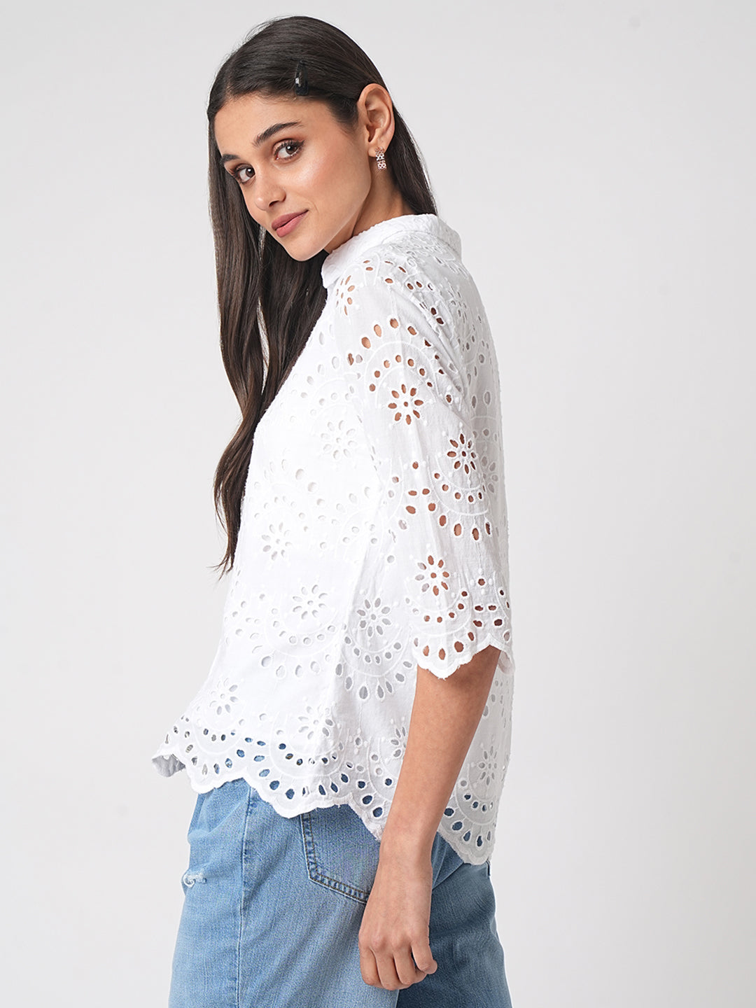 Women Schiffli Solid Shirt