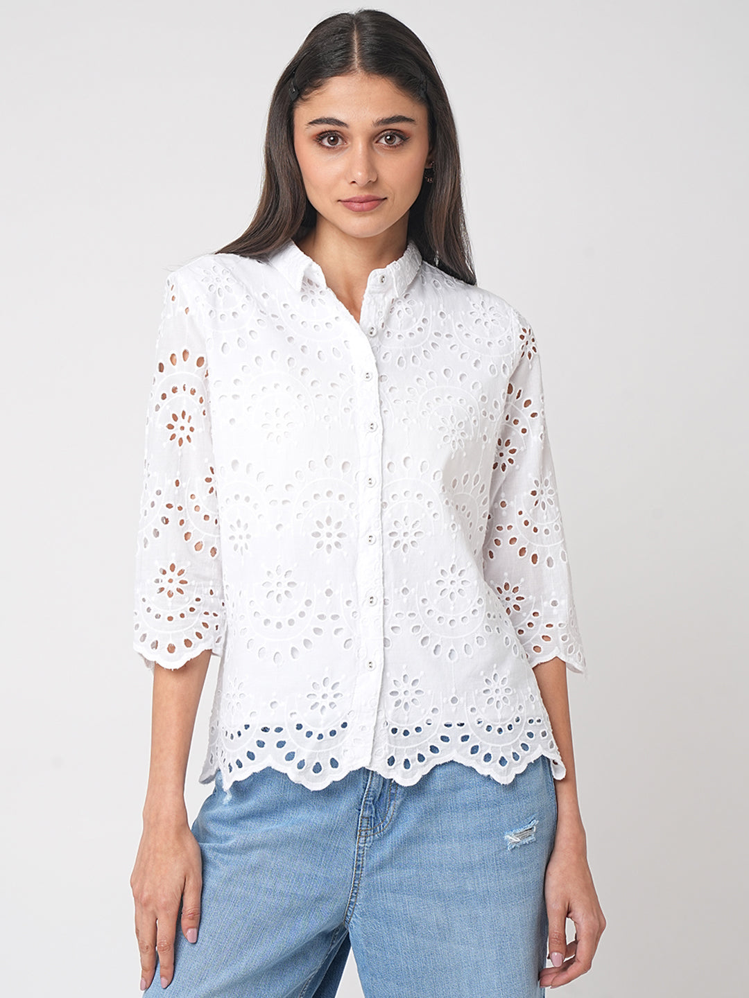 Women Schiffli Solid Shirt