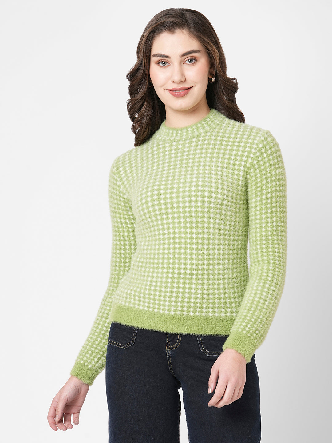 Women Woven Round Neck Long Sleeves Sweater