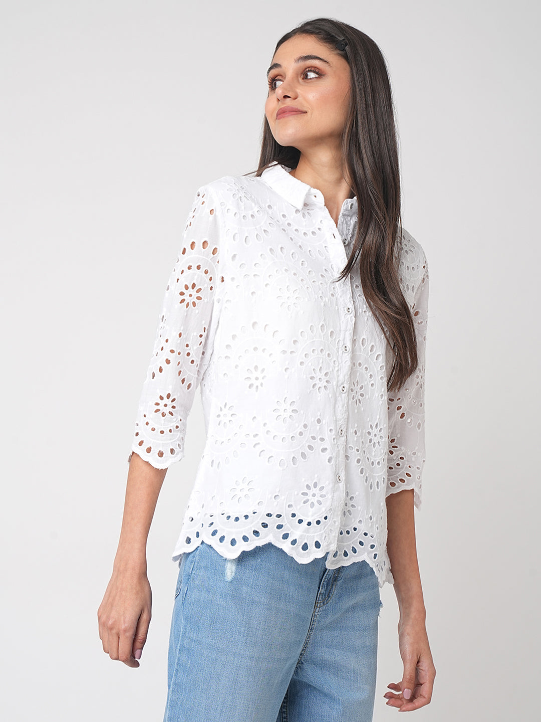 Women Schiffli Solid Shirt