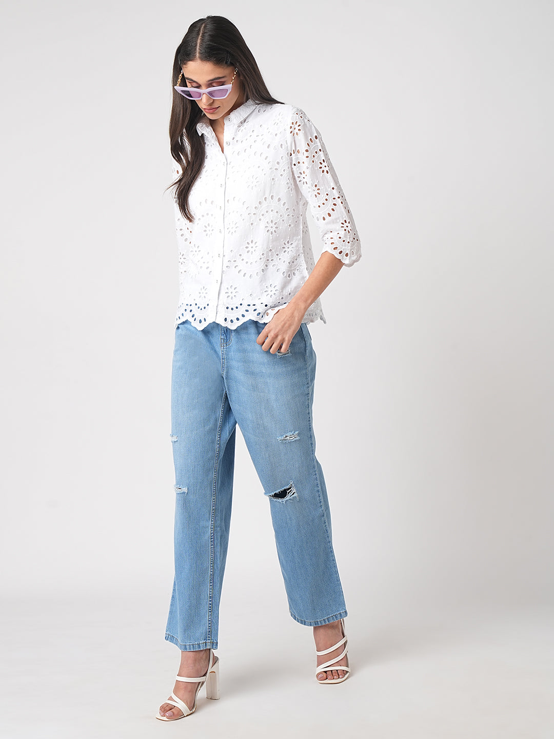 Women Schiffli Solid Shirt