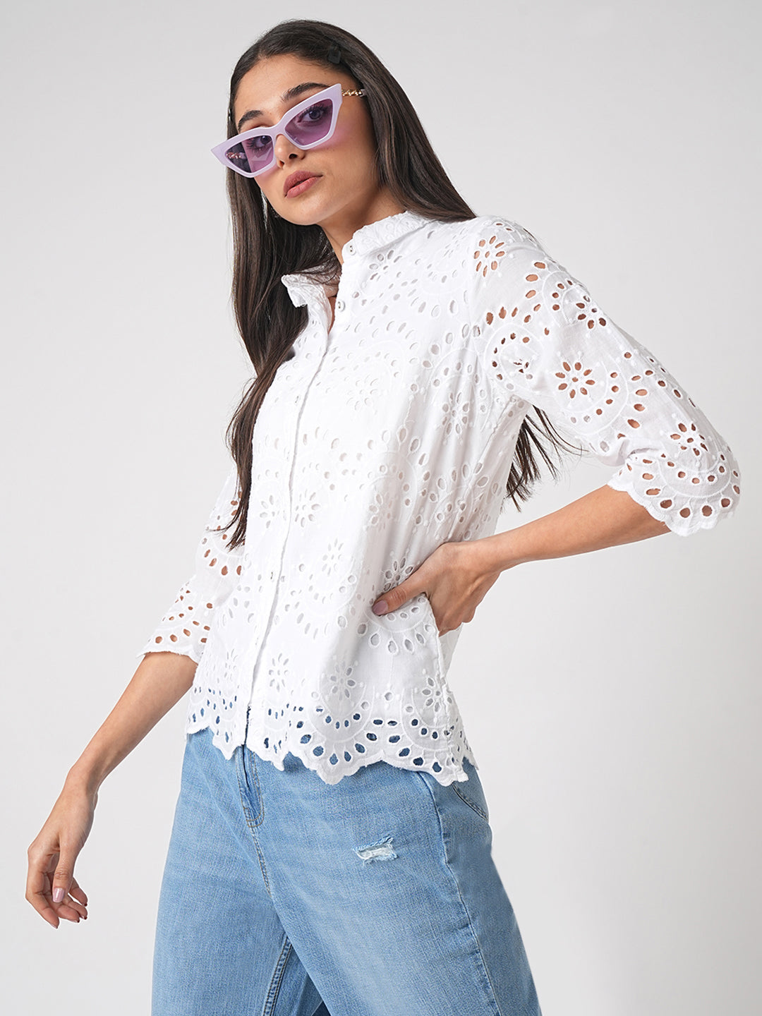 Women Schiffli Solid Shirt
