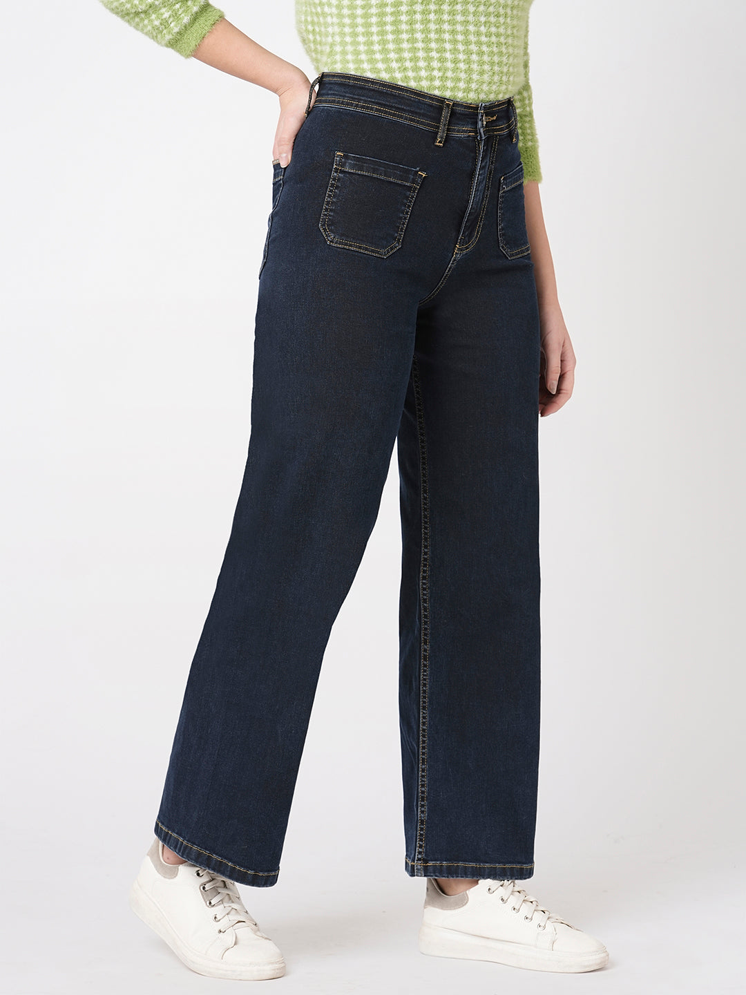 Women Dark Blue High Marine Wide Leg Jeans
