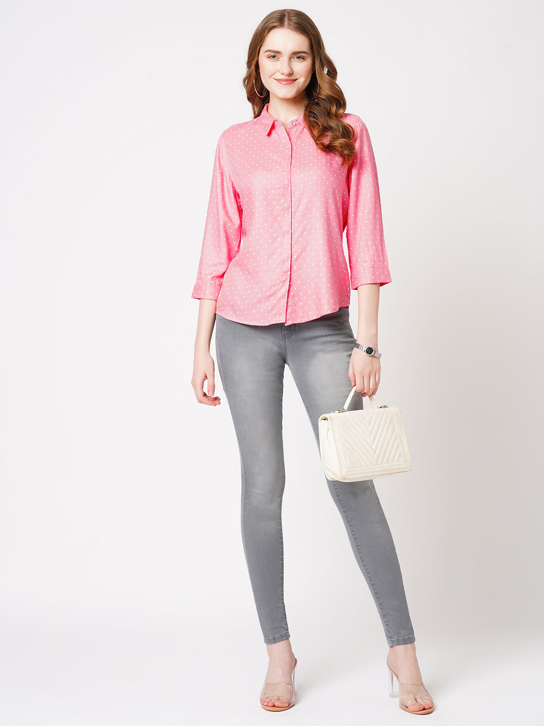 Women Blush Pink Polka Dot Shirt