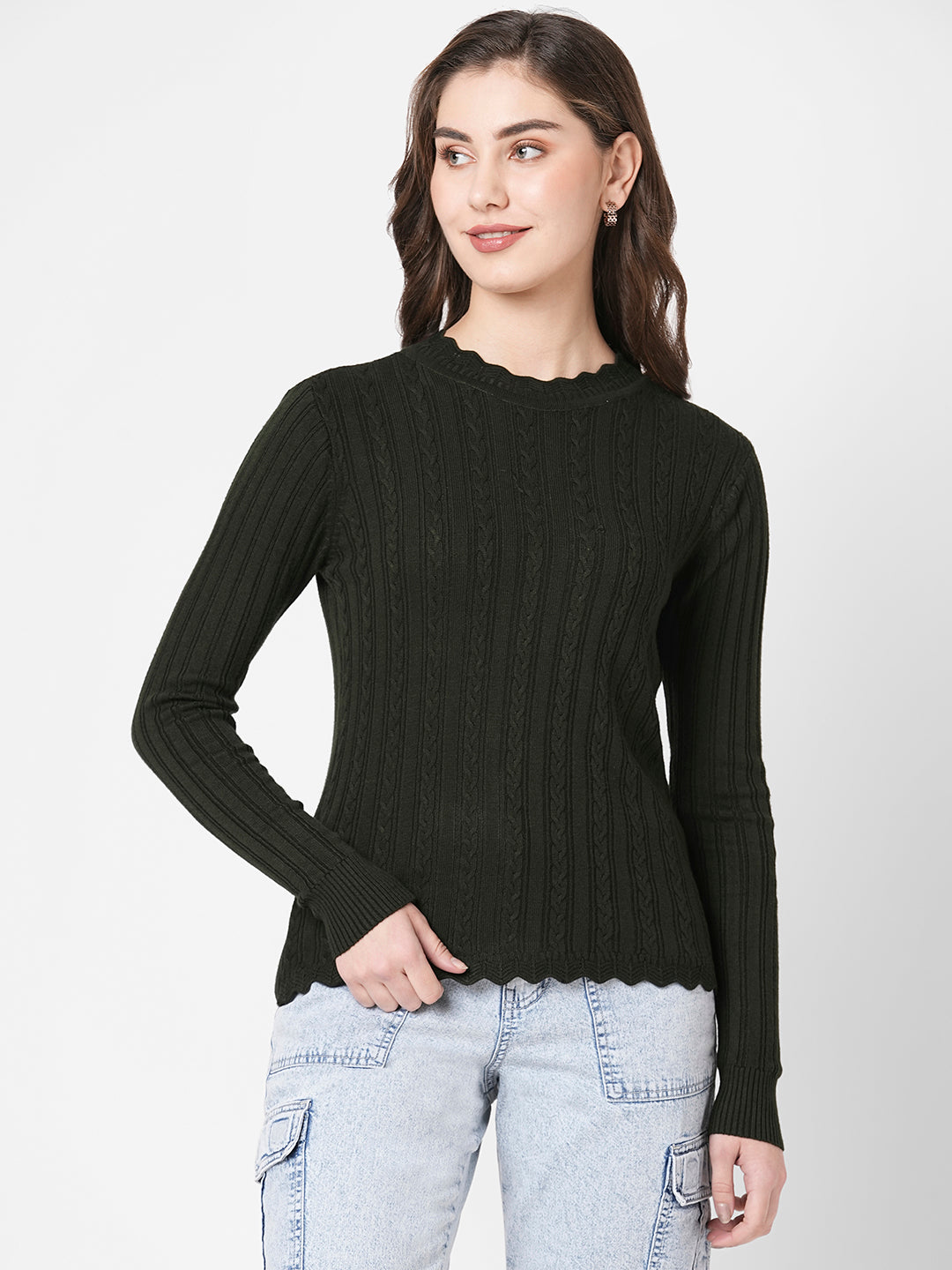 Women Olive Slim Fit Sweater