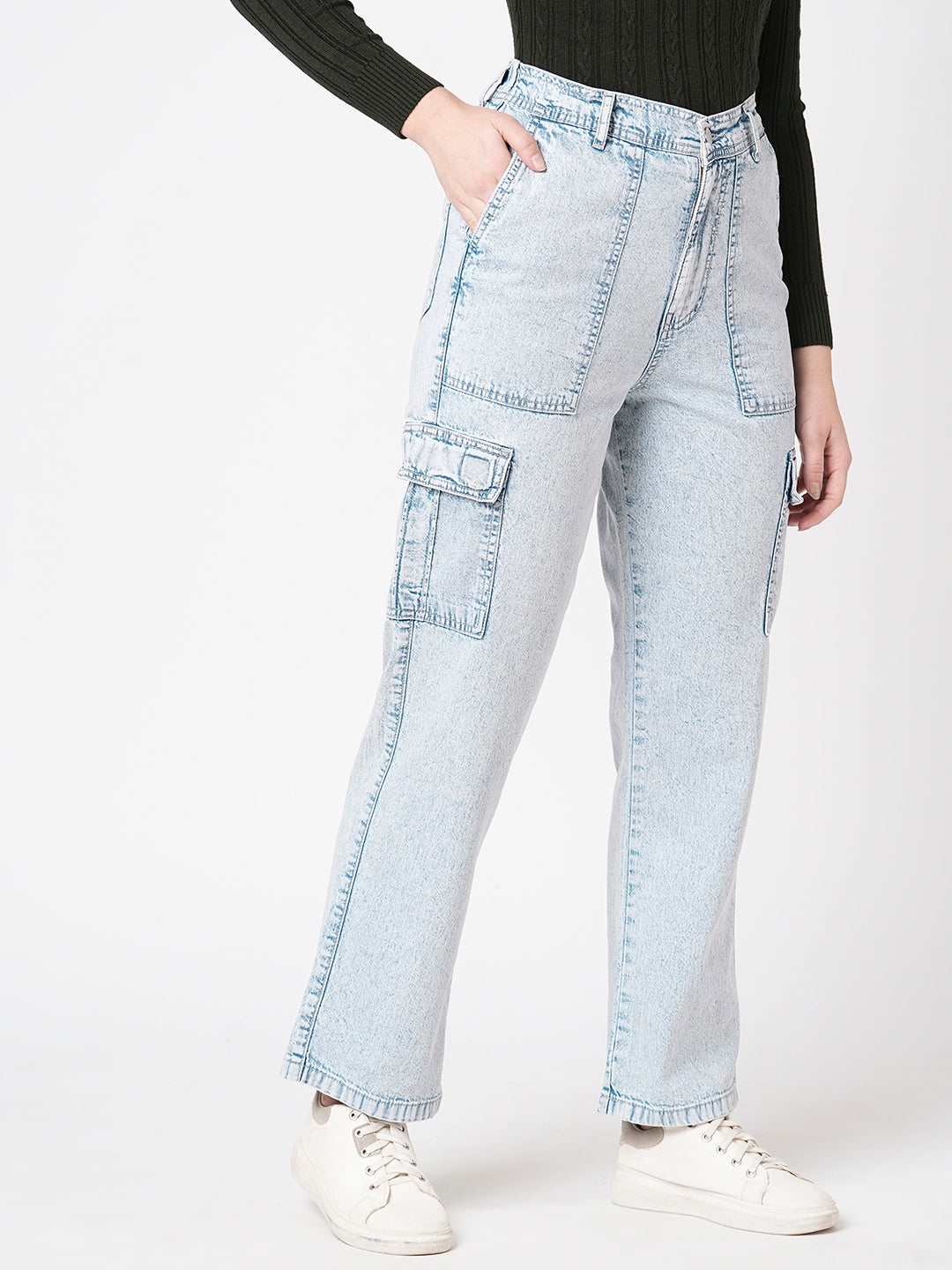 Women Light Blue Mid-Rise Cargo