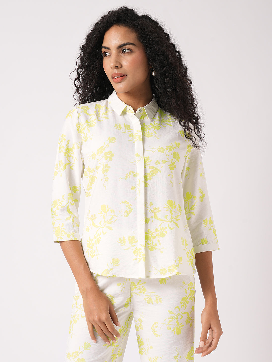 Women White/Lime Printed Shirt