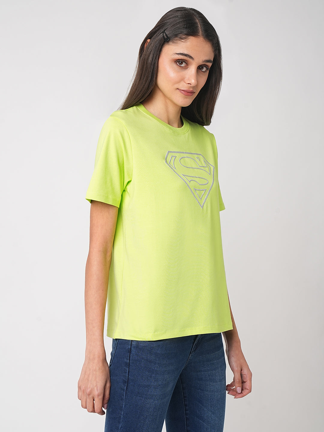 Women Lime Super Man Graphic Tees