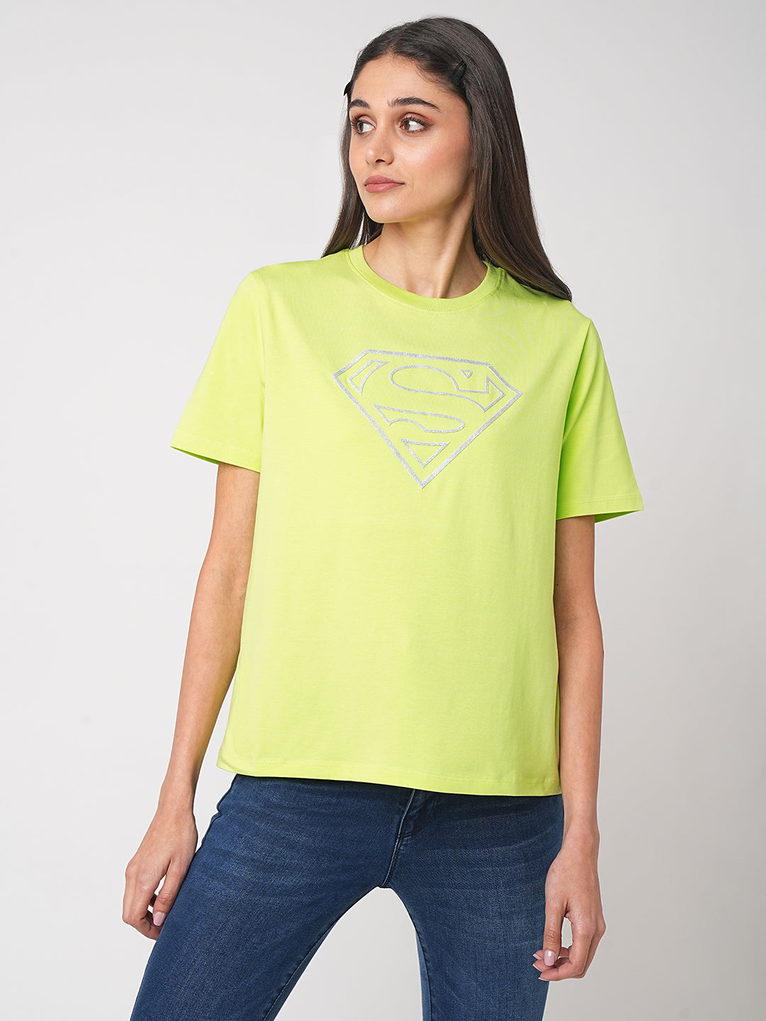 Women Lime Super Man Graphic Tees