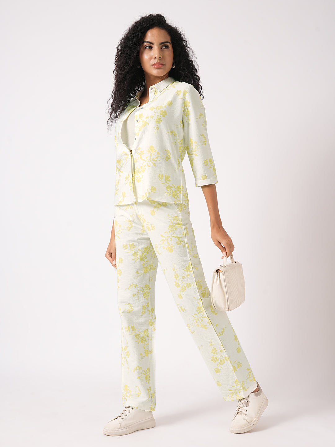 Women White Lime High-Rise Loose Straight Pants
