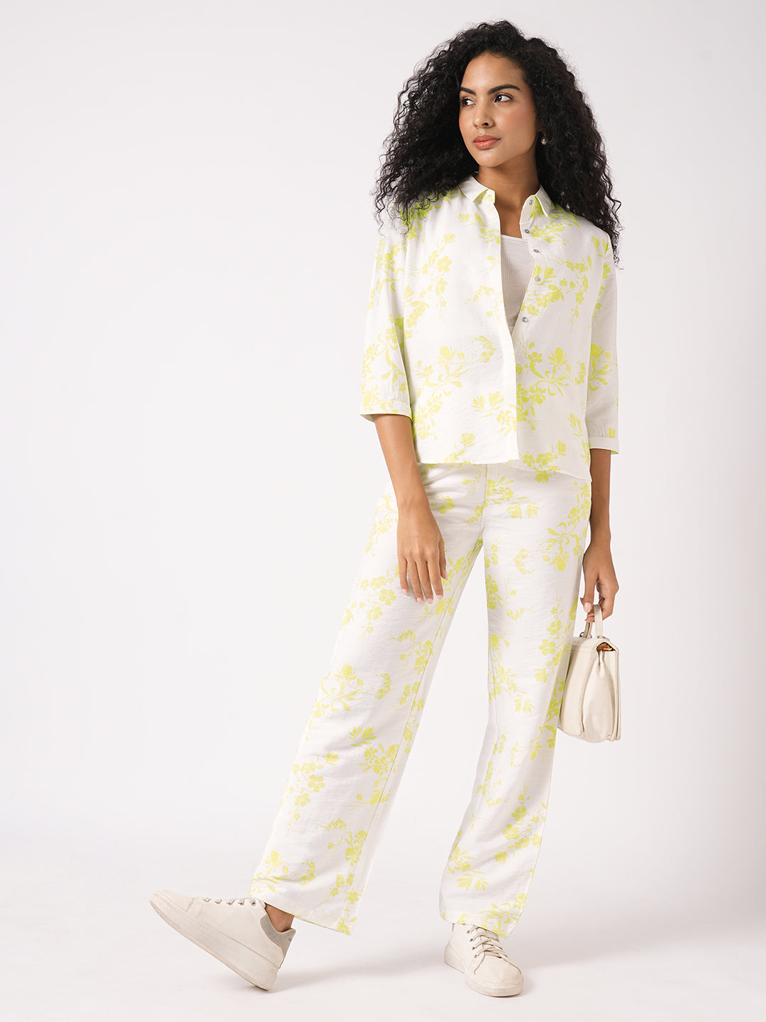 Women White/Lime Printed Shirt