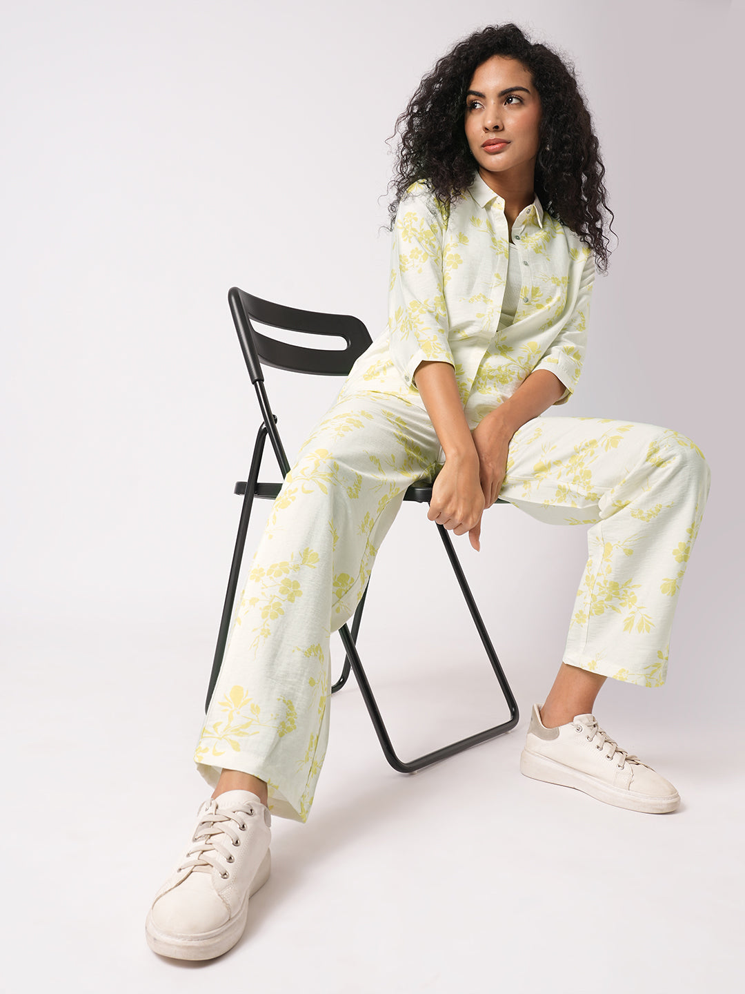 Women White Lime High-Rise Loose Straight Pants