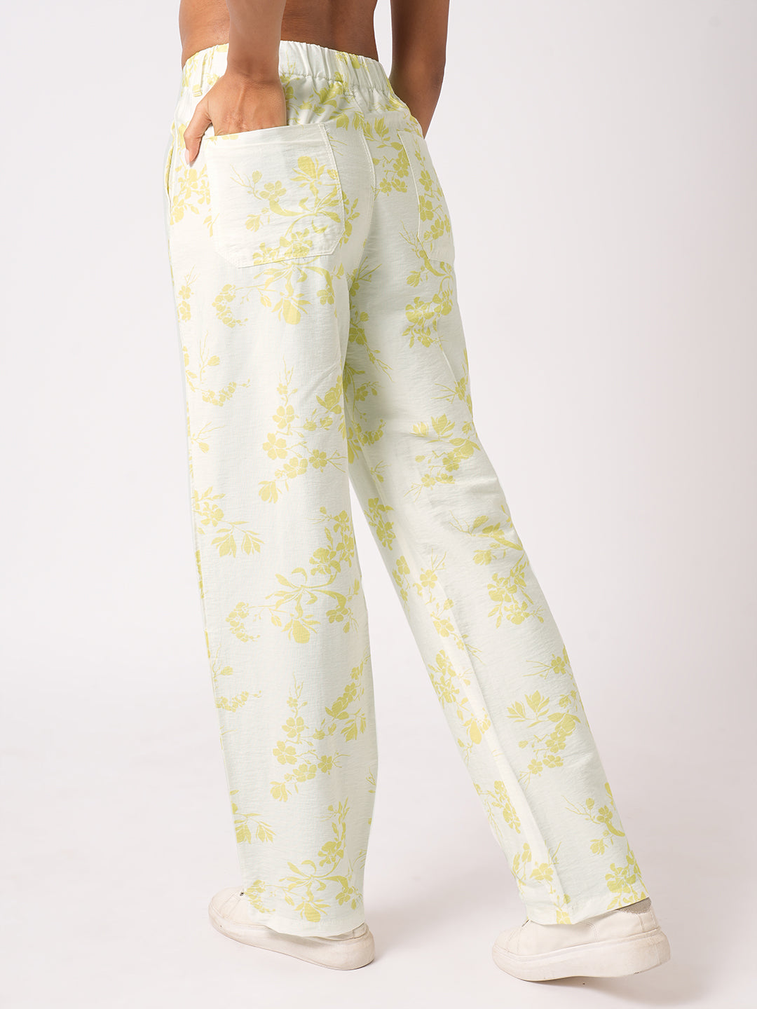Women White Lime High-Rise Loose Straight Pants