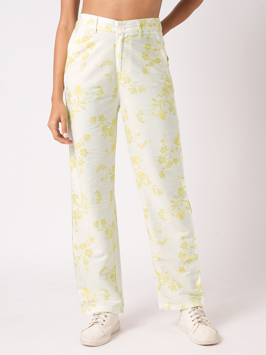 Women White Lime High-Rise Loose Straight Pants