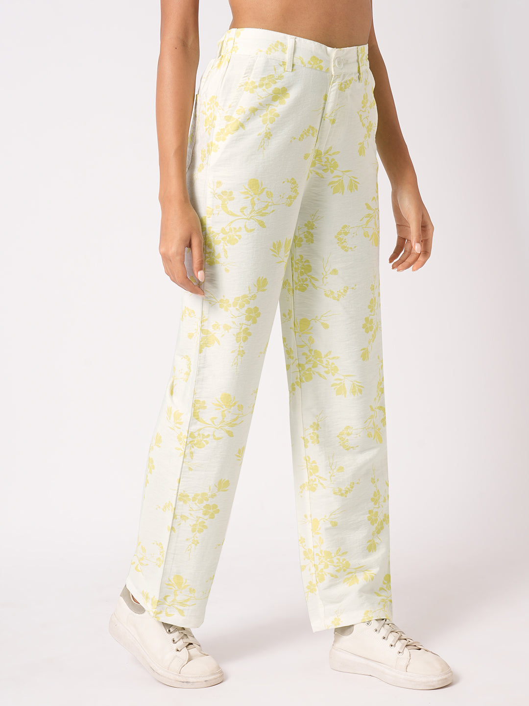 Women White Lime High-Rise Loose Straight Pants