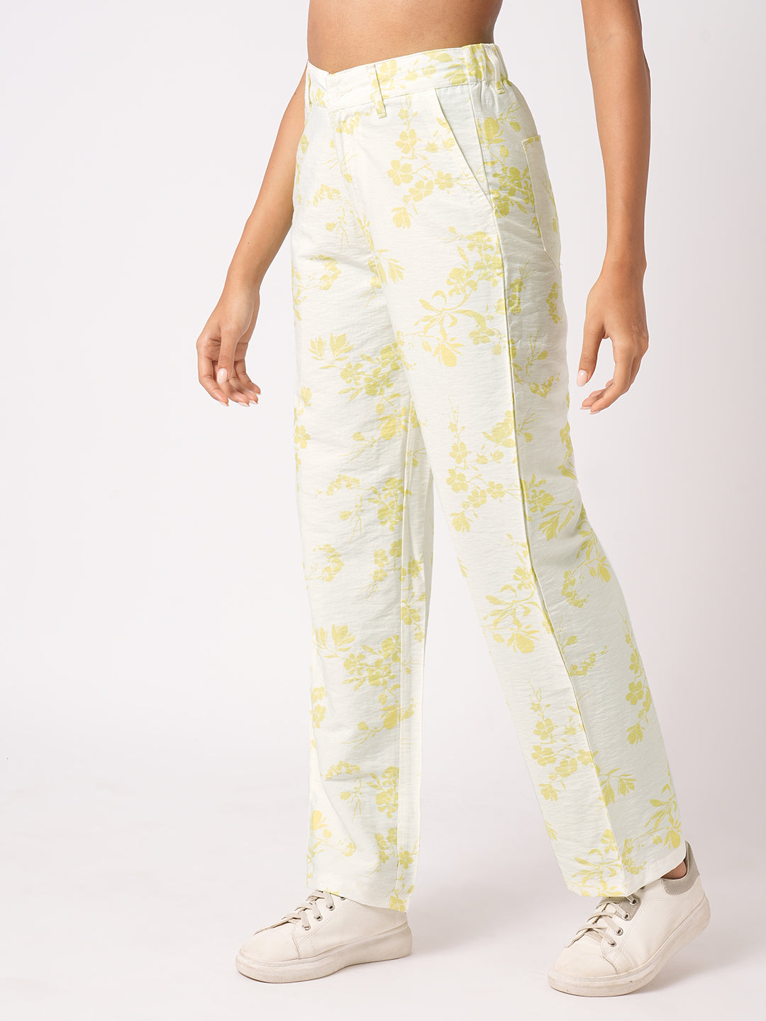 Women White Lime High-Rise Loose Straight Pants