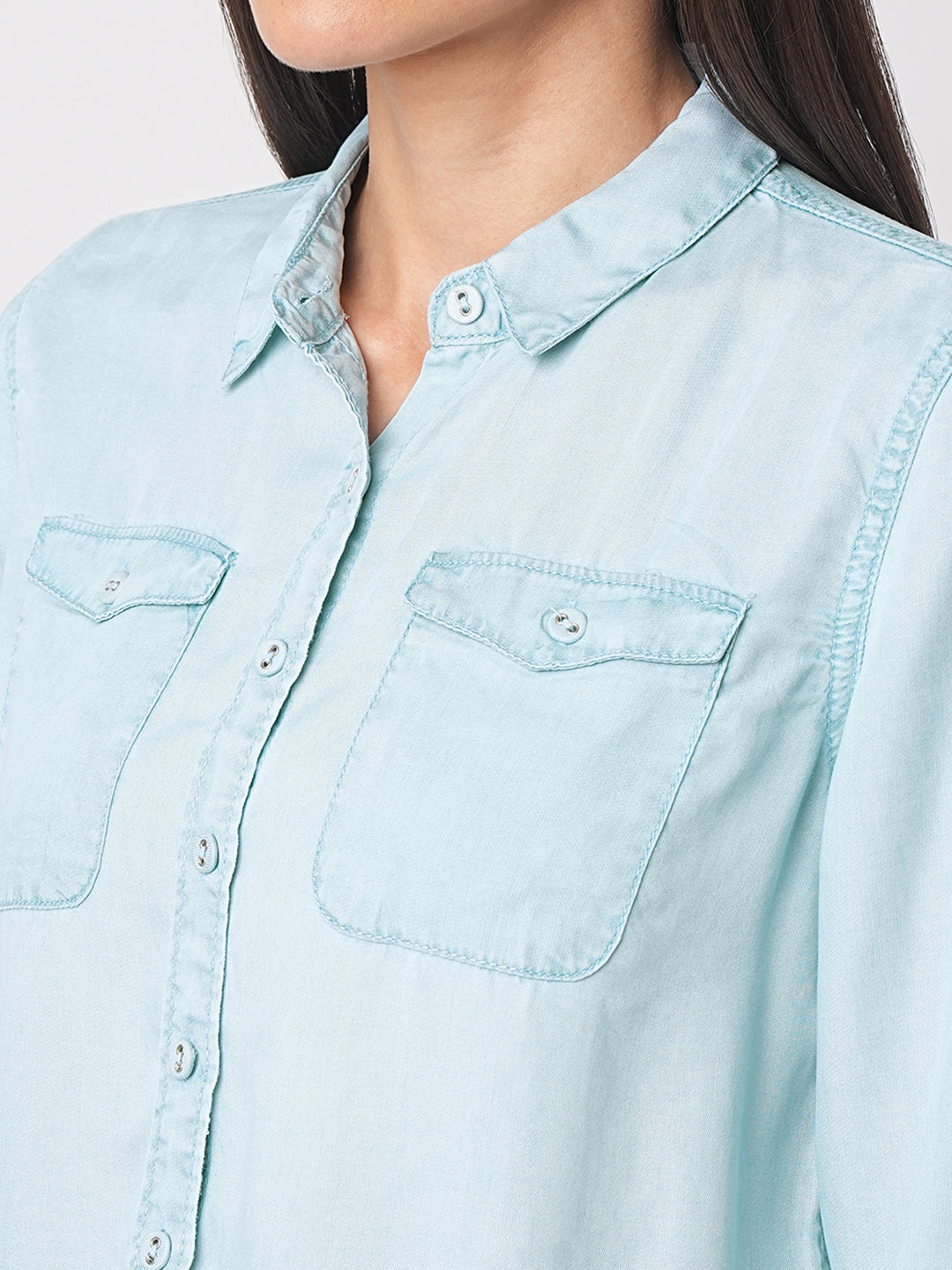 Women Light Blue Crop Shirt