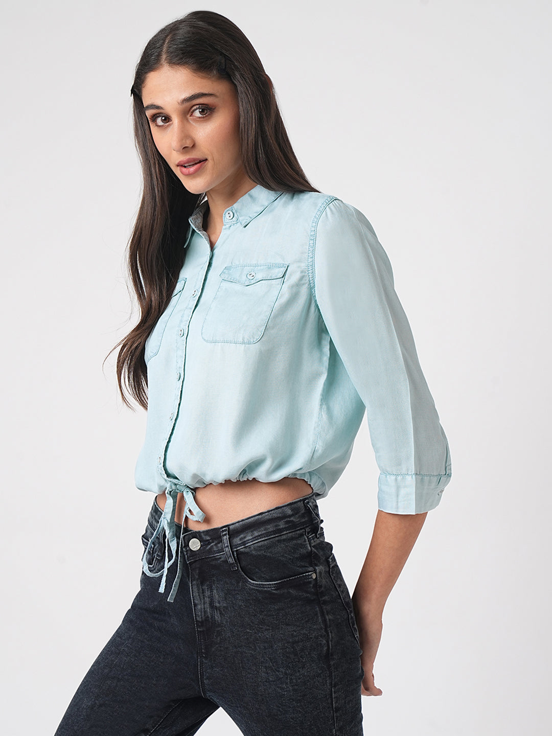 Women Light Blue Crop Shirt