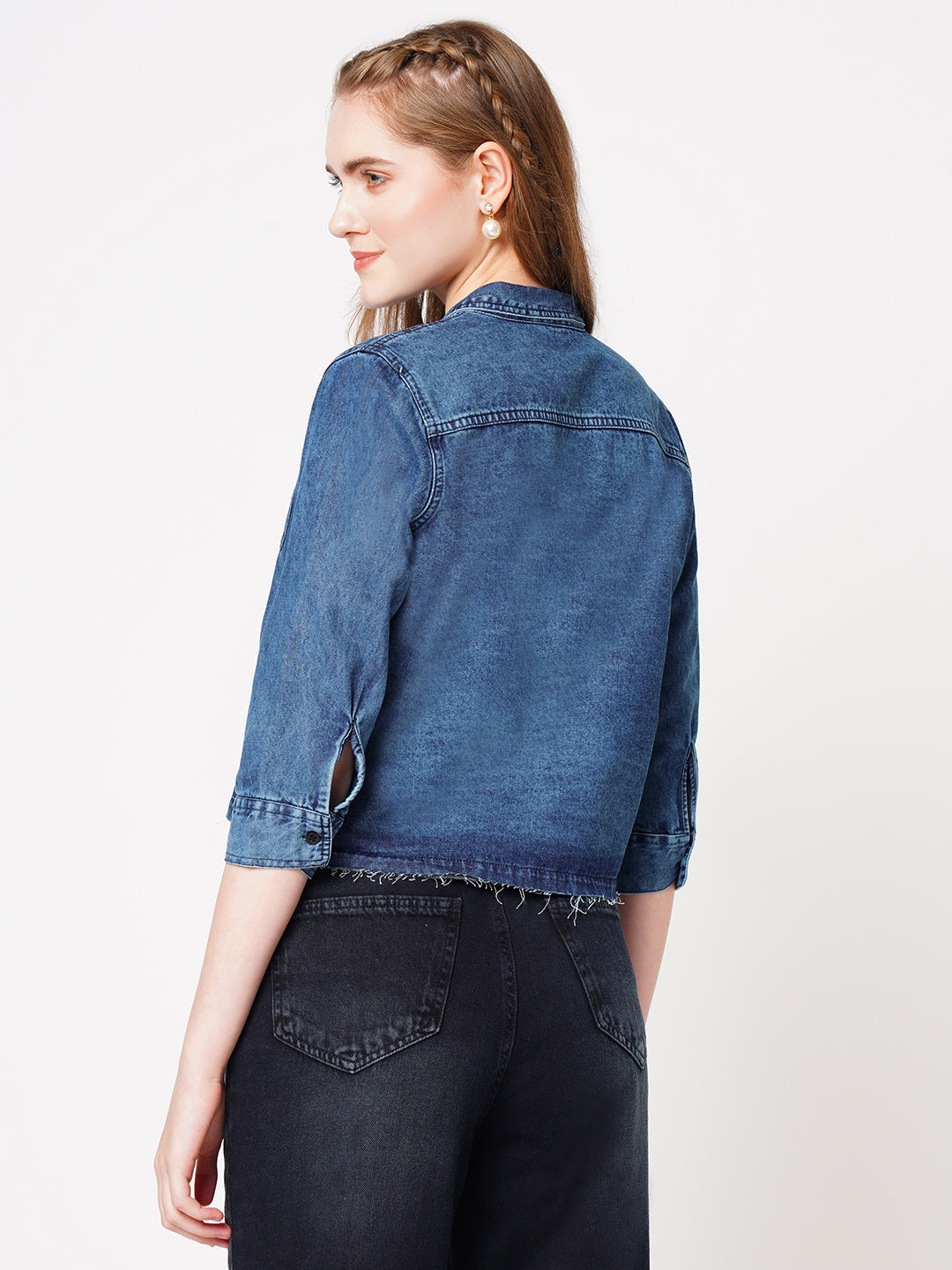 Women Blue Solid Denim Shirt