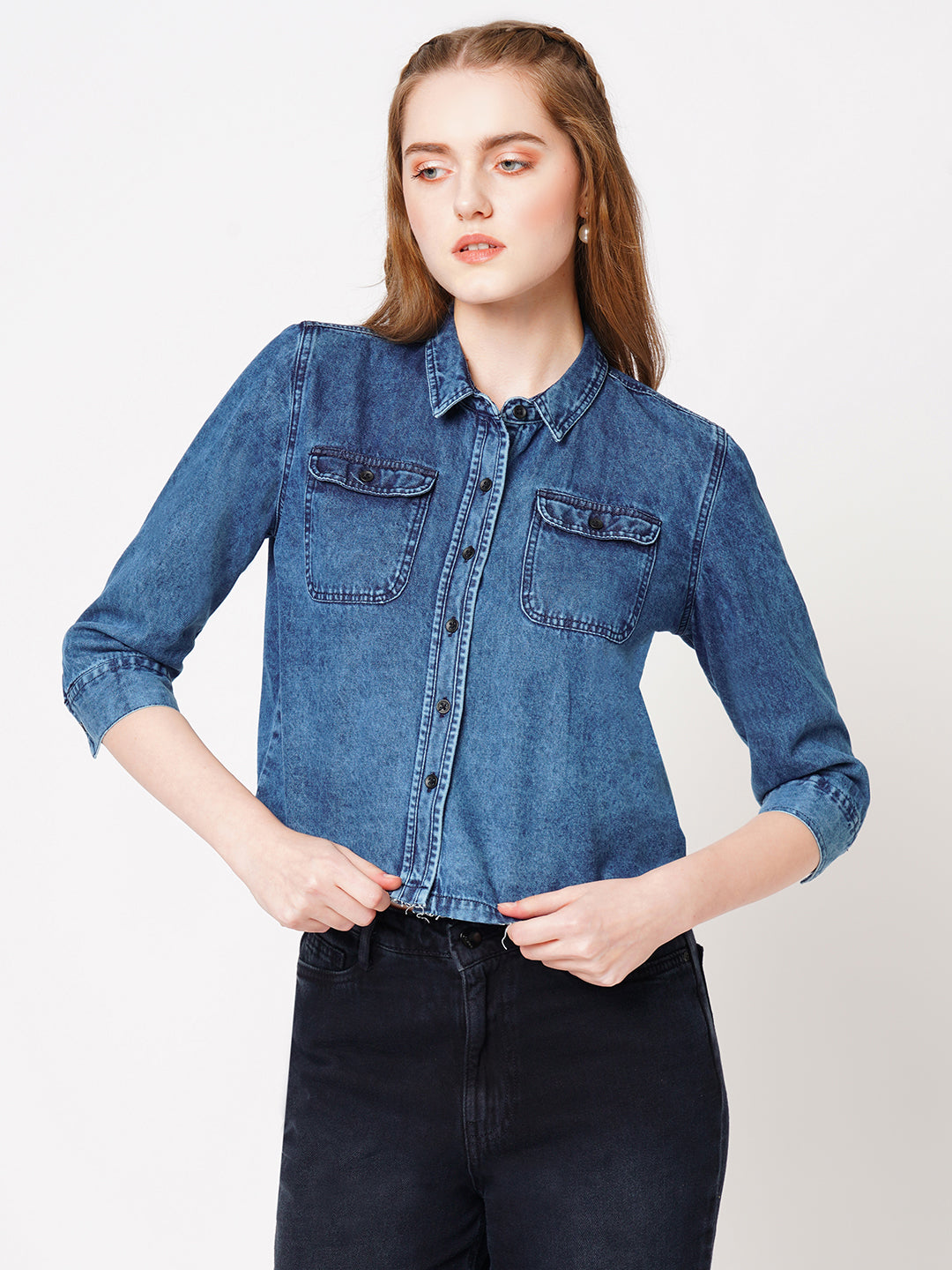 Women Blue Solid Denim Shirt