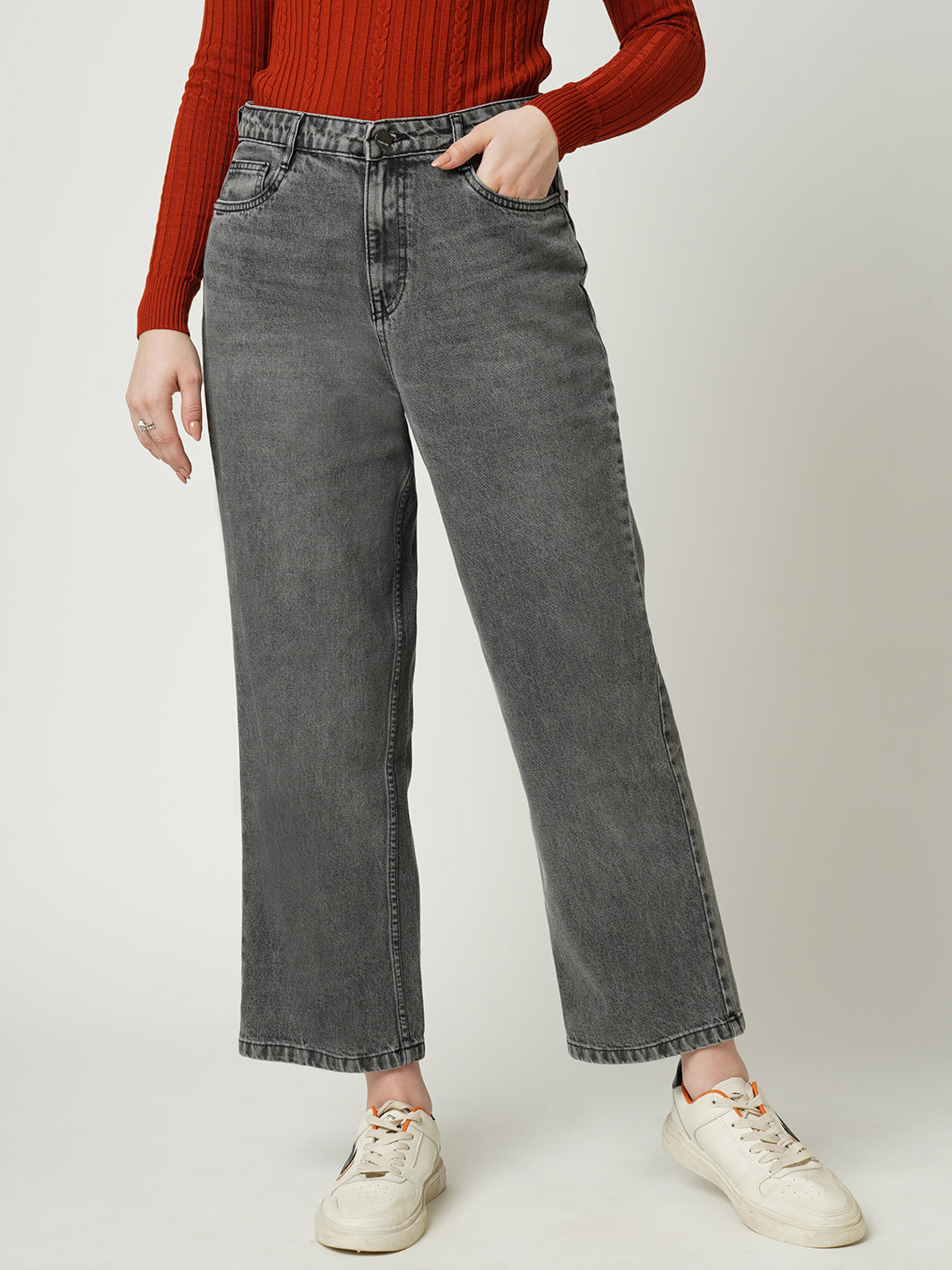 Women Grey High-Rise Loose Straight Fit Jeans