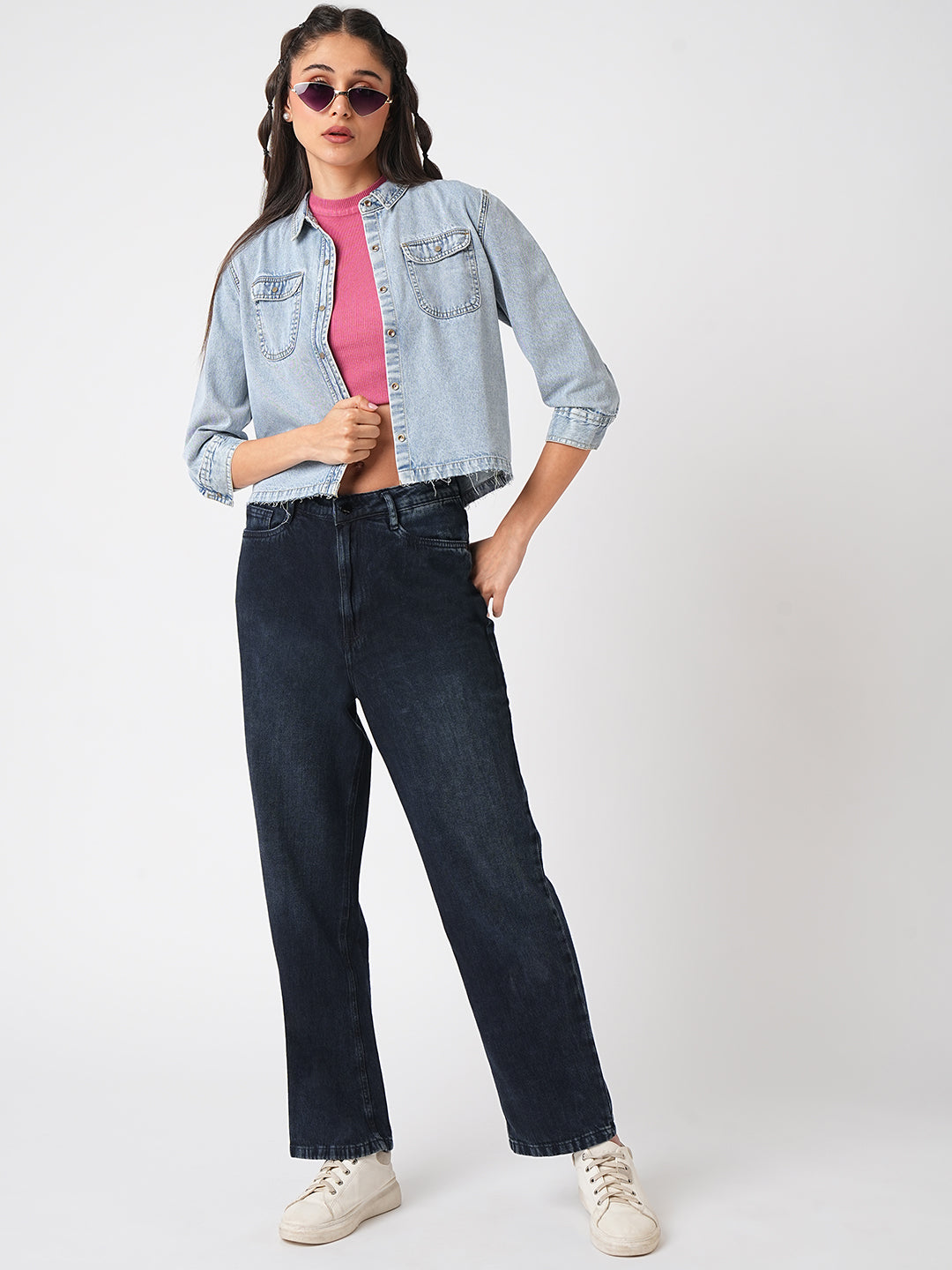Women Light Blue Crop Shirt