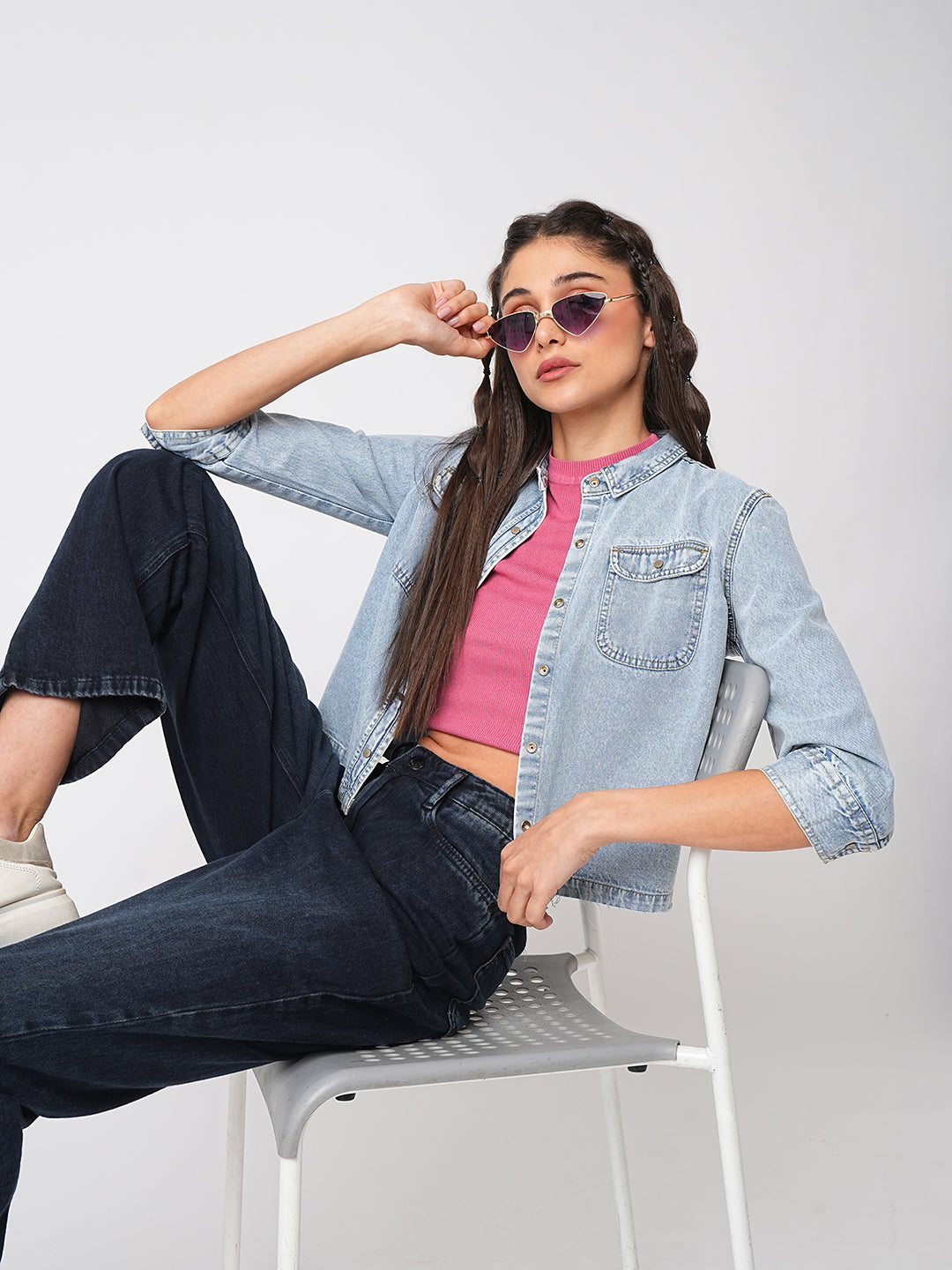 Women Light Blue Crop Shirt