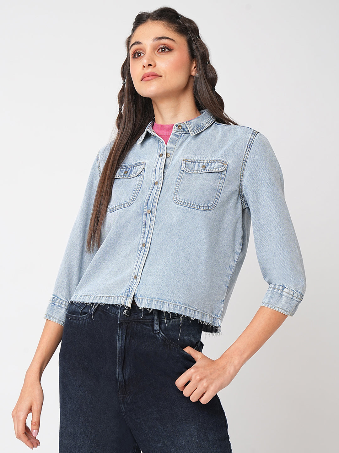 Women Light Blue Crop Shirt