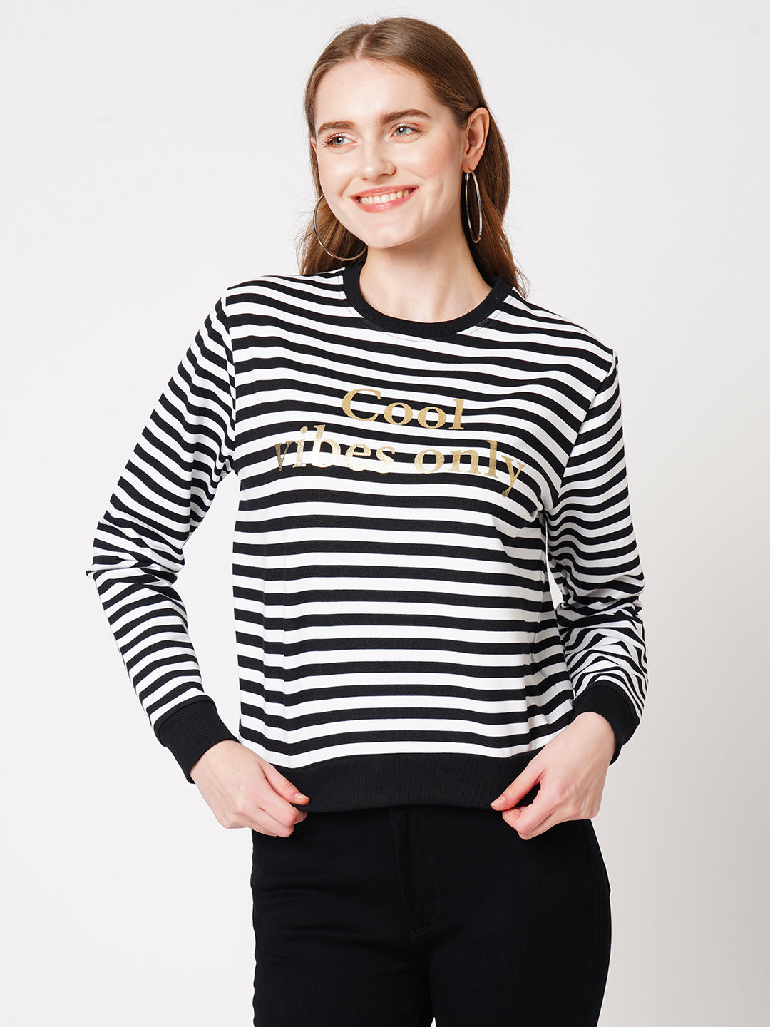 Women Black/White Striped Sweatshirt