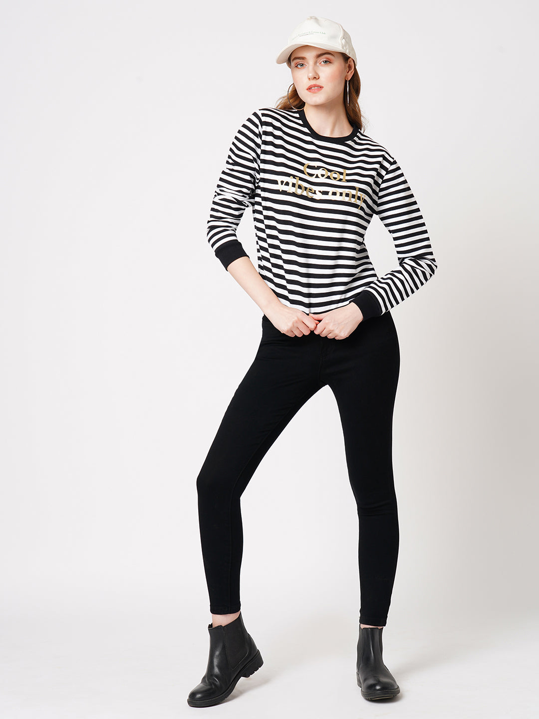 Women Black/White Striped Sweatshirt