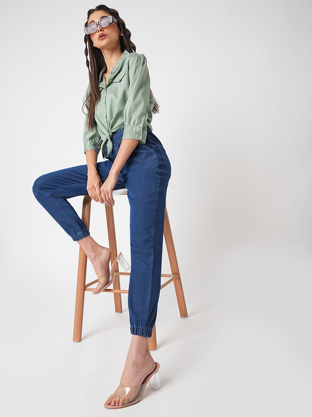 Women Blue High-Rise Denim Joggers