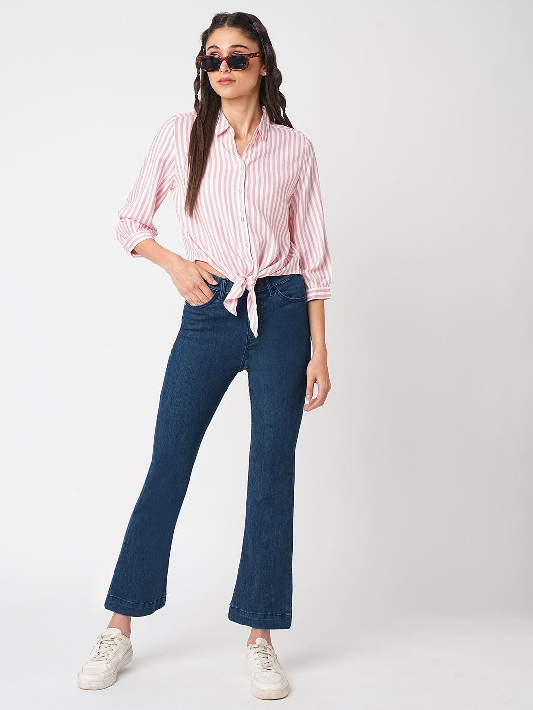 Women Dark Blue High-Rise Mini Flare Jeans