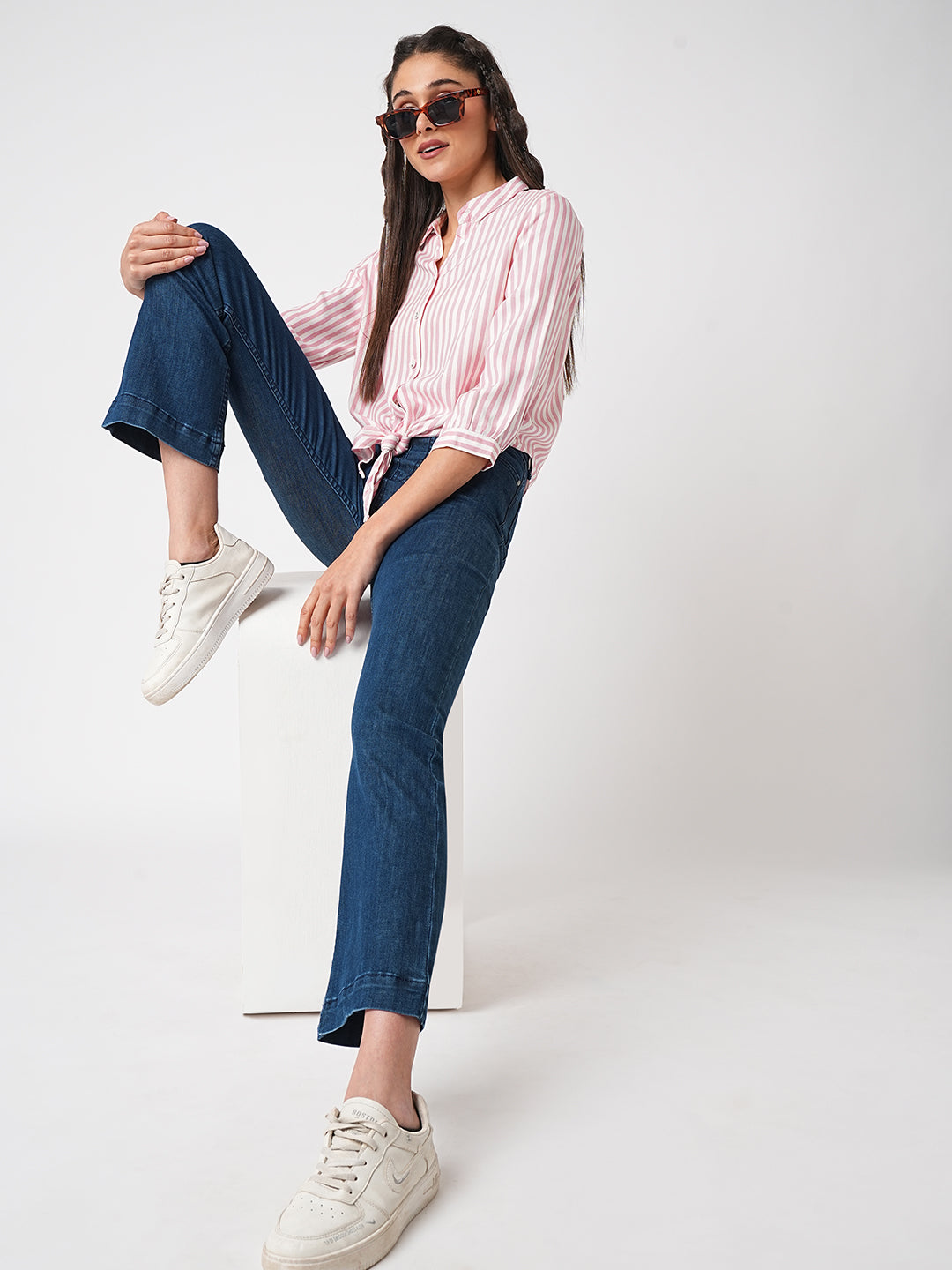 Women Dark Blue High-Rise Mini Flare Jeans