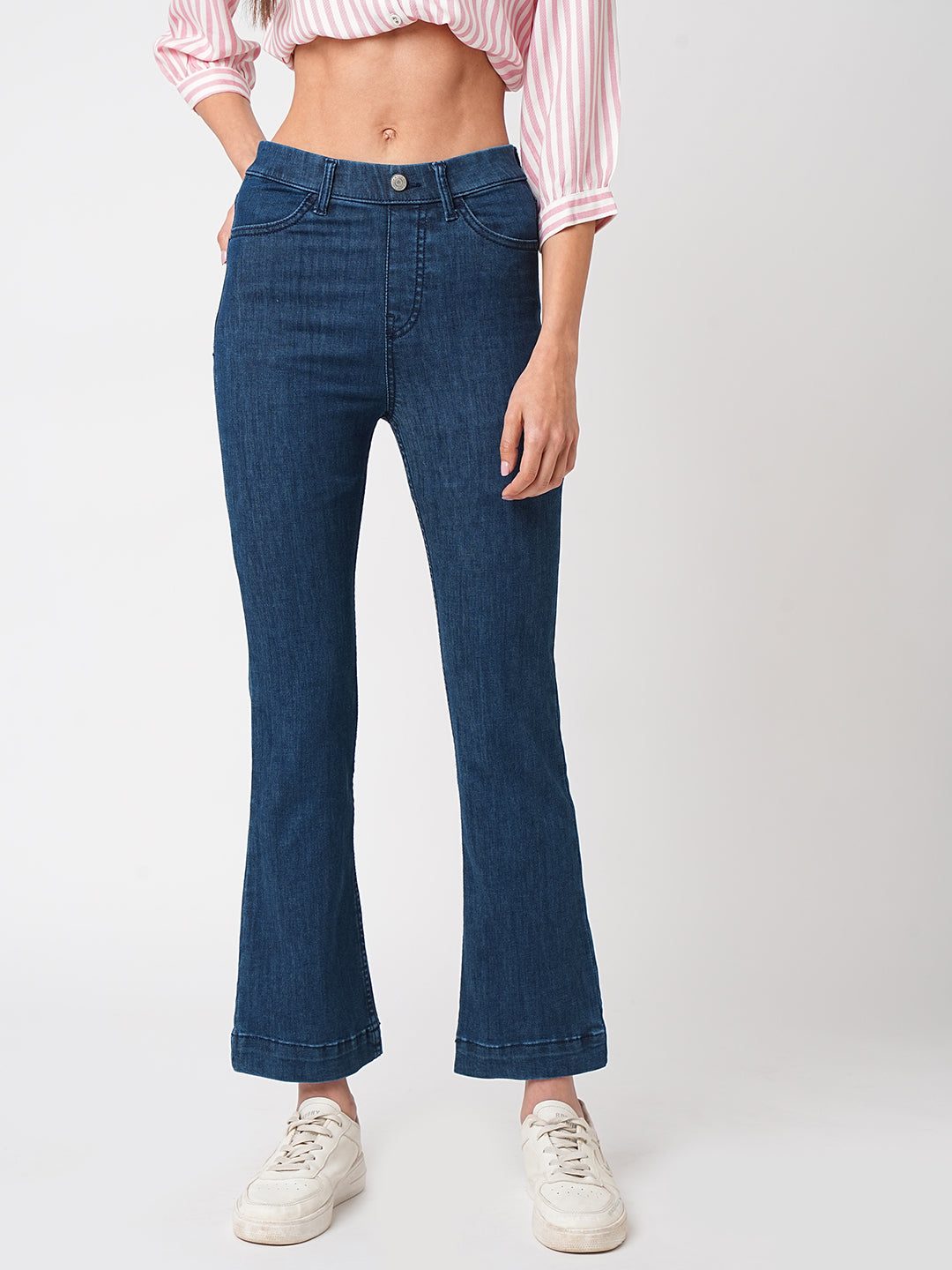 Women Dark Blue High-Rise Mini Flare Jeans