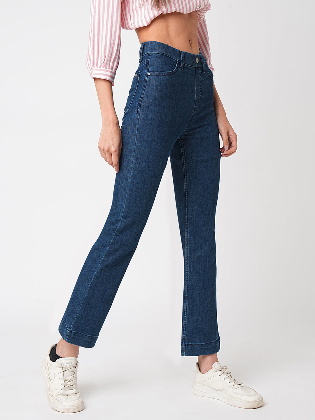 Women Dark Blue High-Rise Mini Flare Jeans